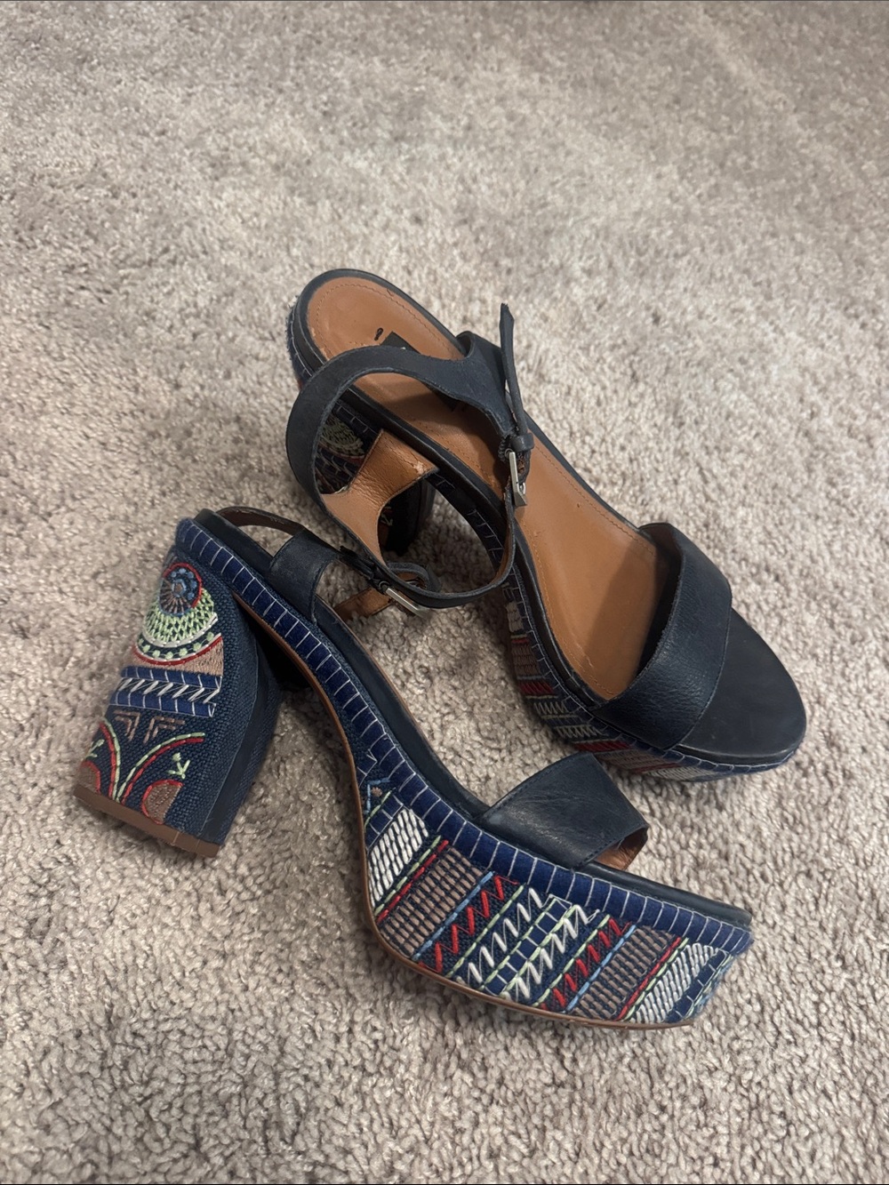 Navy Embroidered Platform Block Heel Sandals